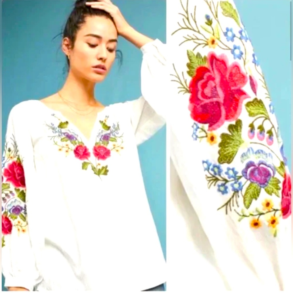 RARE Anthropologie Mira Floral Embroidered Peasant Romantic White Blouse XL